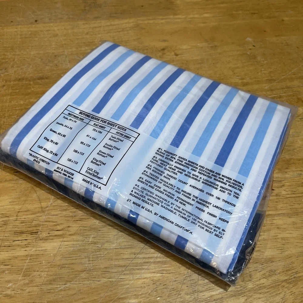 Foxcroft Garza Full Flat Sheet Blue Stripe Permanent Press Retro Stripe NOS‎